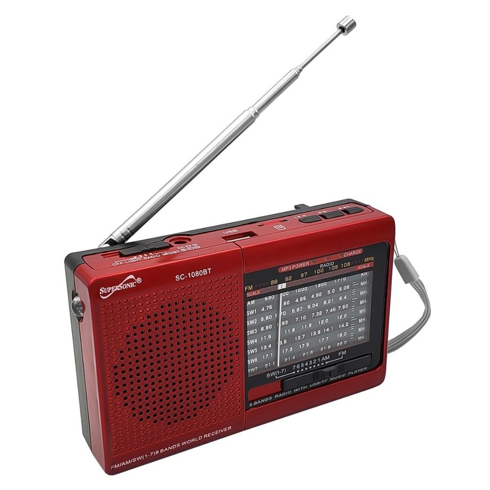 Red Bluetooth AM/FM/SW 9 Band Radio W/ Flashlight USB/SD MP3 Portable Speaker